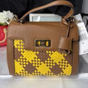 Michael Kors Karson Mini Bag Woven Yellow Leather Brown Top Handle B3M